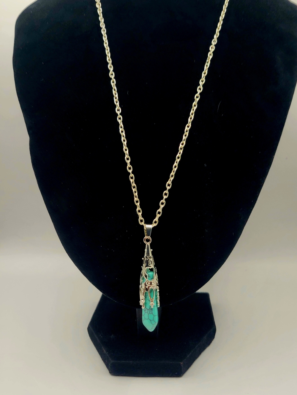 Silver-Tone Pendant Necklace with Turquoise Style Stone